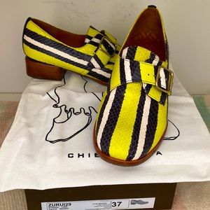 Chie Mihara Zurui Yellow,Black,white Striped Reptile Embossed Buckle Loafers 7